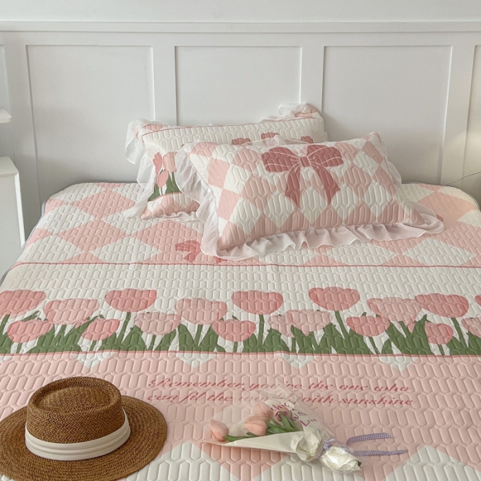 91家纺网 家纺一手货源 找家纺 昔可 2022新款ins风小清新床裙款乳胶凉席三件套 床裙款-郁金朵朵