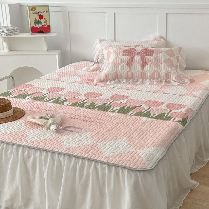 91家纺网 家纺一手货源 找家纺 昔可 2022新款ins风小清新床裙款乳胶凉席三件套 床裙款-郁金朵朵