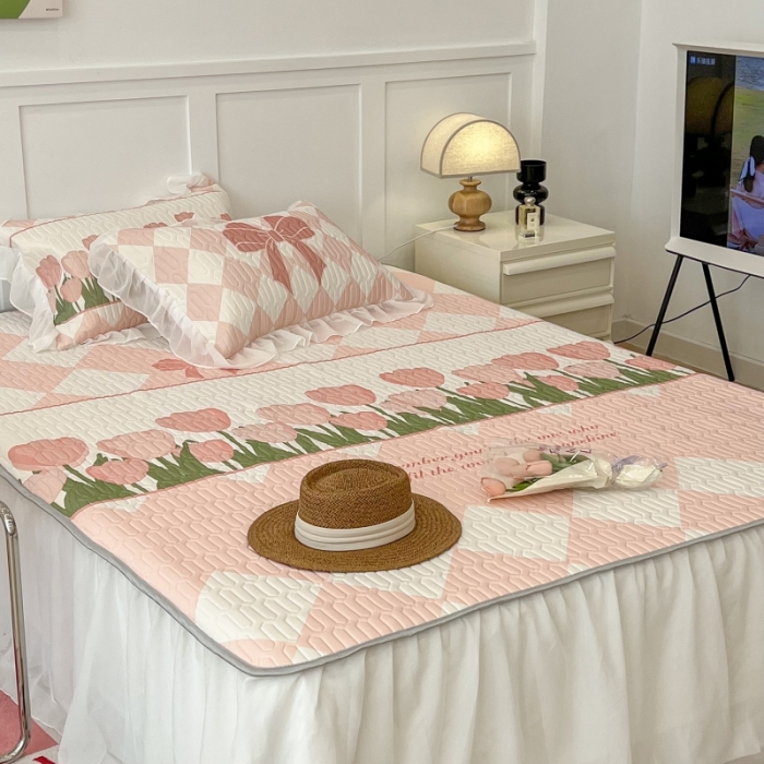 91家纺网 家纺一手货源 找家纺 昔可 2022新款ins风小清新床裙款乳胶凉席三件套 床裙款-郁金朵朵