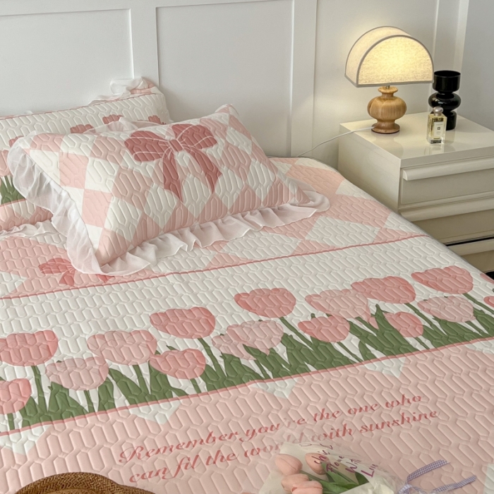 91家纺网 家纺一手货源 找家纺 昔可 2022新款ins风小清新床裙款乳胶凉席三件套 床裙款-郁金朵朵