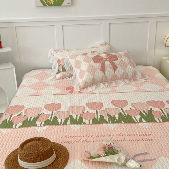 91家纺网 家纺一手货源 找家纺 昔可 2022新款ins风小清新床裙款乳胶凉席三件套 床裙款-郁金朵朵