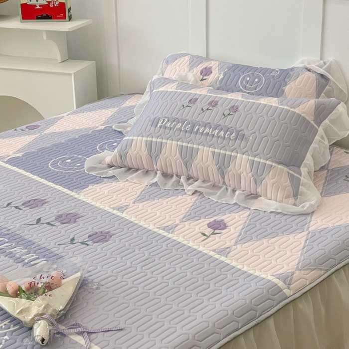 91家纺网 家纺一手货源 找家纺 昔可 2022新款ins风小清新床裙款乳胶凉席三件套 床裙款-紫色半夏