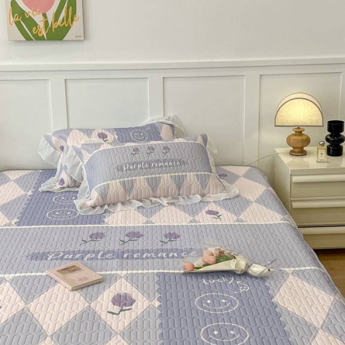 91家纺网 家纺一手货源 找家纺 昔可 2022新款ins风小清新床裙款乳胶凉席三件套 床裙款-紫色半夏