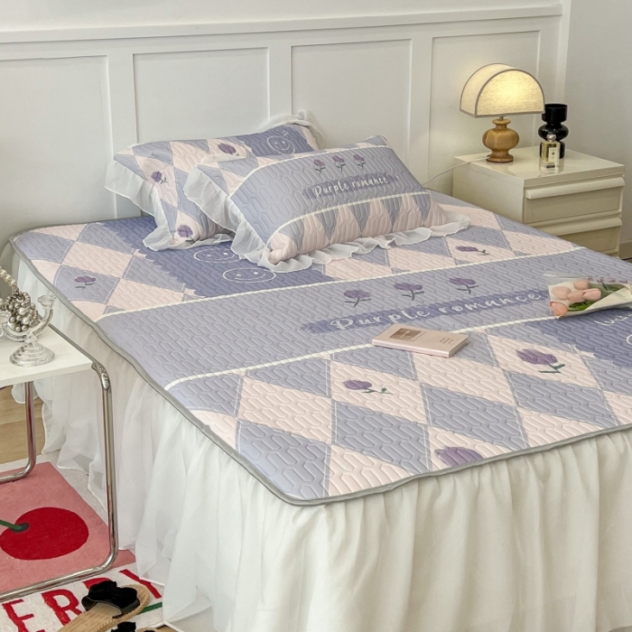 91家纺网 家纺一手货源 找家纺 昔可 2022新款ins风小清新床裙款乳胶凉席三件套 床裙款-紫色半夏