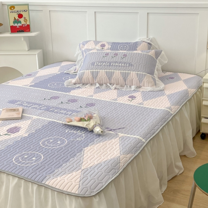 91家纺网 家纺一手货源 找家纺 昔可 2022新款ins风小清新床裙款乳胶凉席三件套 床裙款-紫色半夏