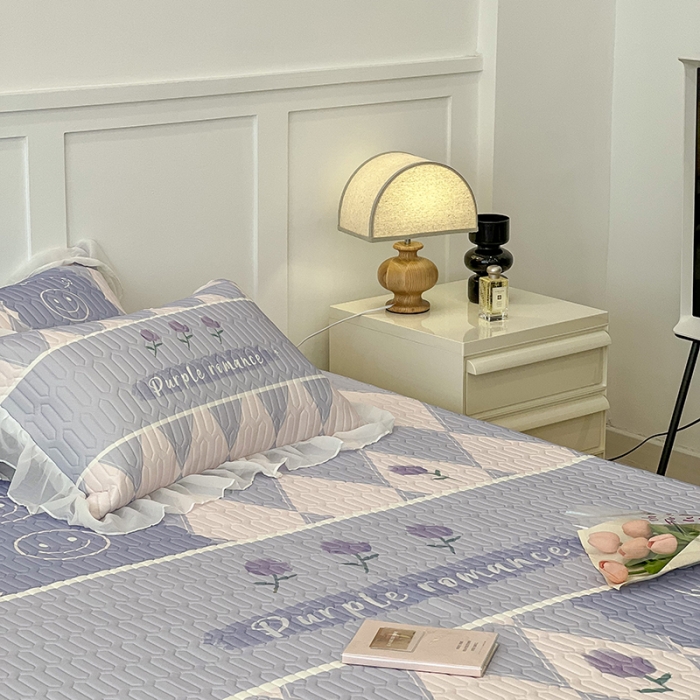 91家纺网 家纺一手货源 找家纺 昔可 2022新款ins风小清新床裙款乳胶凉席三件套 床裙款-紫色半夏