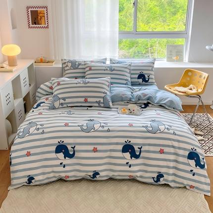 91家纺网 家纺一手货源 找家纺 田野 2022新款13372全棉小清新印花四件套 海豚之恋