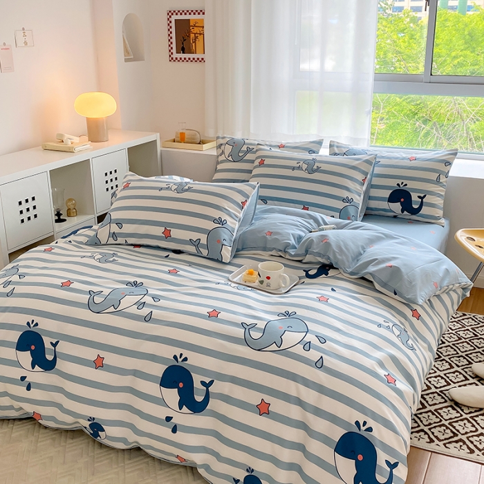 91家纺网 家纺一手货源 找家纺 田野 2022新款13372全棉小清新印花四件套 海豚之恋