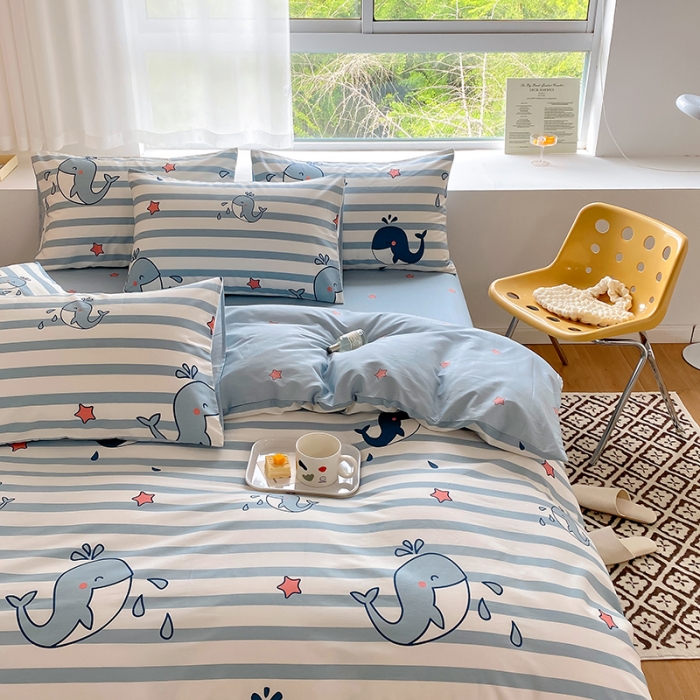 91家纺网 家纺一手货源 找家纺 田野 2022新款13372全棉小清新印花四件套 海豚之恋