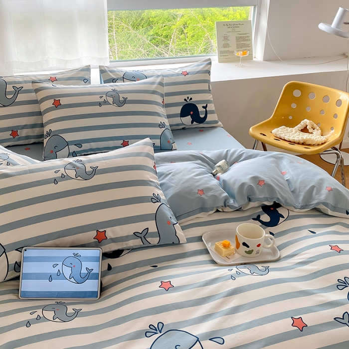 91家纺网 家纺一手货源 找家纺 田野 2022新款13372全棉小清新印花四件套 海豚之恋