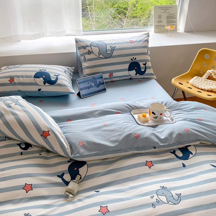 91家纺网 家纺一手货源 找家纺 田野 2022新款13372全棉小清新印花四件套 海豚之恋