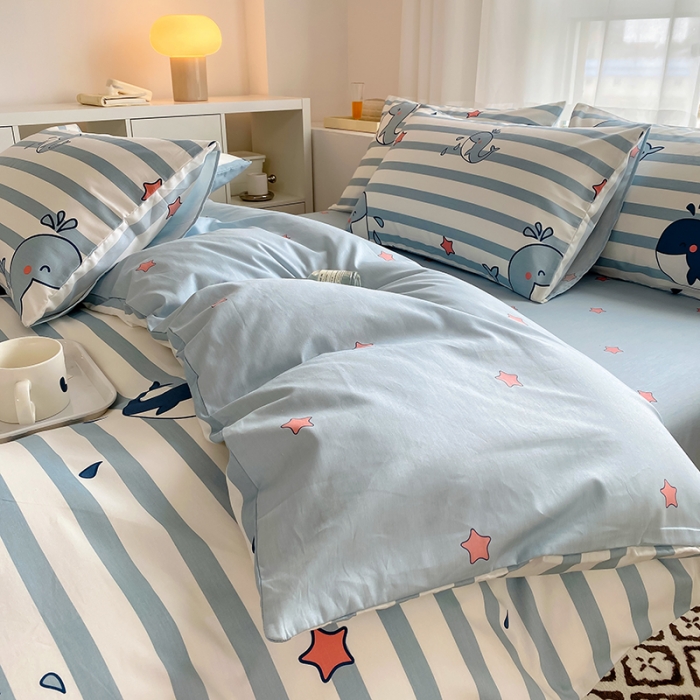 91家纺网 家纺一手货源 找家纺 田野 2022新款13372全棉小清新印花四件套 海豚之恋