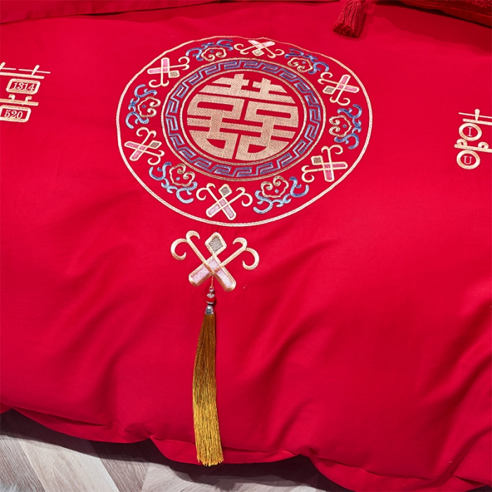 91家纺网 家纺一手货源 找家纺 用心 2022新款磨毛刺绣婚庆四件套 今生缘