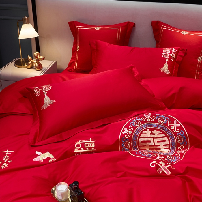 91家纺网 家纺一手货源 找家纺 用心 2022新款磨毛刺绣婚庆四件套 今生缘