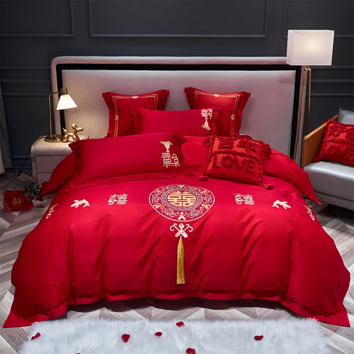 91家纺网 家纺一手货源 找家纺 用心 2022新款磨毛刺绣婚庆四件套 今生缘