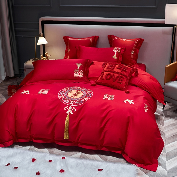 91家纺网 家纺一手货源 找家纺 用心 2022新款磨毛刺绣婚庆四件套 今生缘