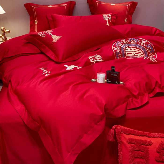 91家纺网 家纺一手货源 找家纺 用心 2022新款磨毛刺绣婚庆四件套 今生缘