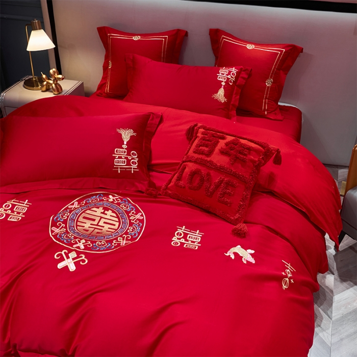 91家纺网 家纺一手货源 找家纺 用心 2022新款磨毛刺绣婚庆四件套 今生缘