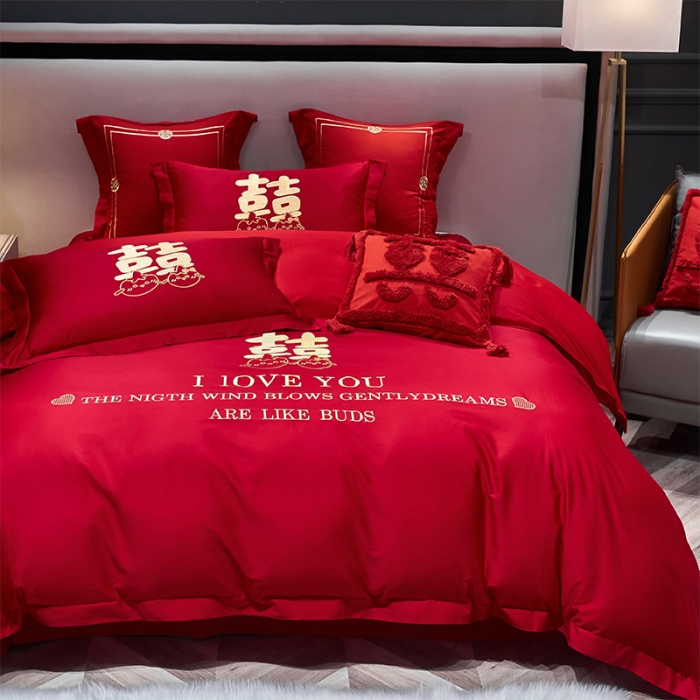 91家纺网 家纺一手货源 找家纺 用心 2022新款磨毛刺绣婚庆四件套 甜蜜love