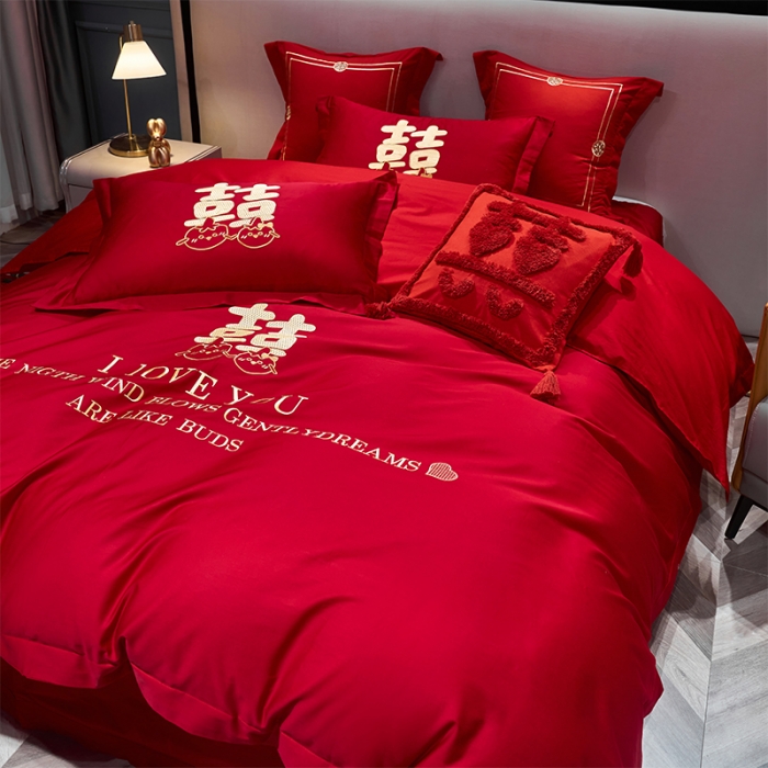 91家纺网 家纺一手货源 找家纺 用心 2022新款磨毛刺绣婚庆四件套 甜蜜love