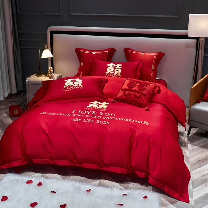 91家纺网 家纺一手货源 找家纺 用心 2022新款磨毛刺绣婚庆四件套 甜蜜love