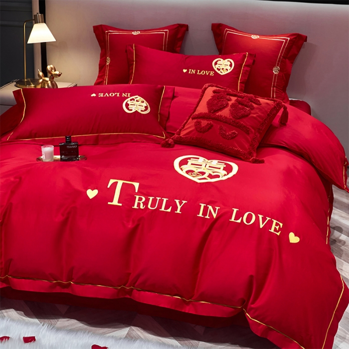 91家纺网 家纺一手货源 找家纺 用心 2022新款磨毛刺绣婚庆四件套 喜迎圆满