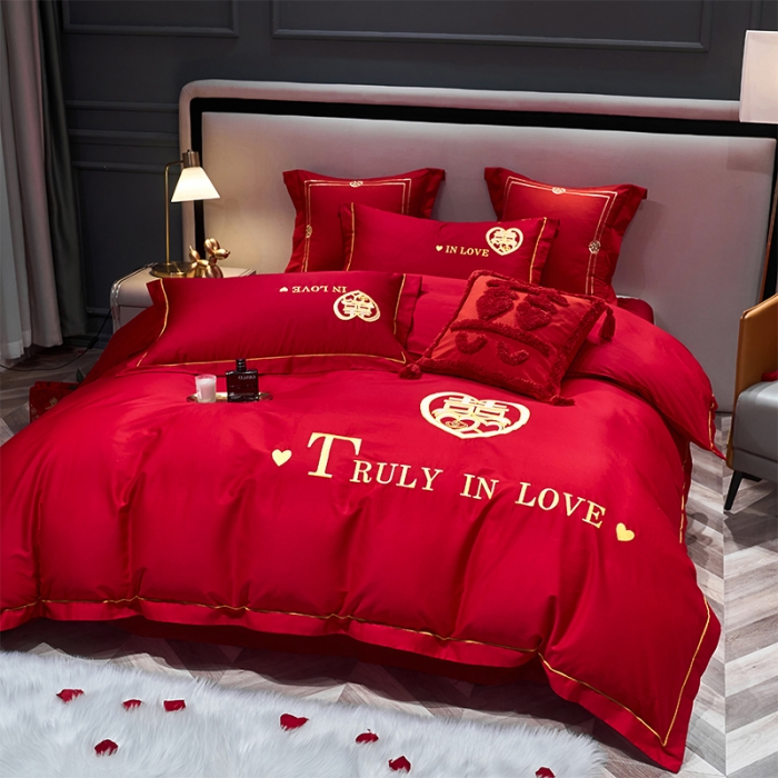 91家纺网 家纺一手货源 找家纺 用心 2022新款磨毛刺绣婚庆四件套 喜迎圆满