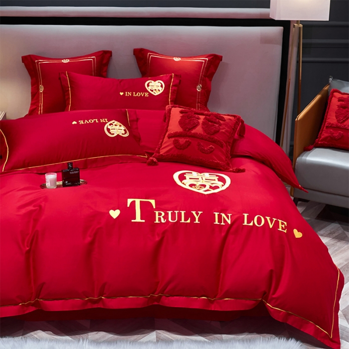 91家纺网 家纺一手货源 找家纺 用心 2022新款磨毛刺绣婚庆四件套 喜迎圆满