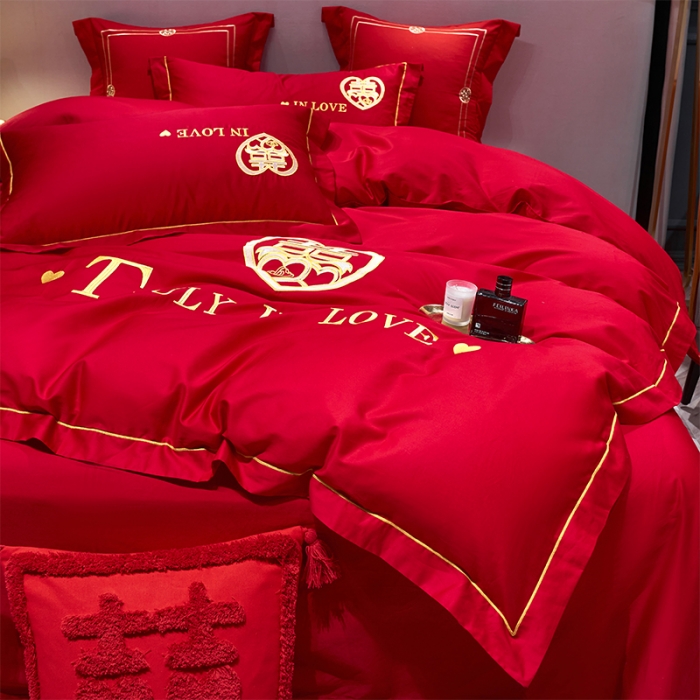 91家纺网 家纺一手货源 找家纺 用心 2022新款磨毛刺绣婚庆四件套 喜迎圆满