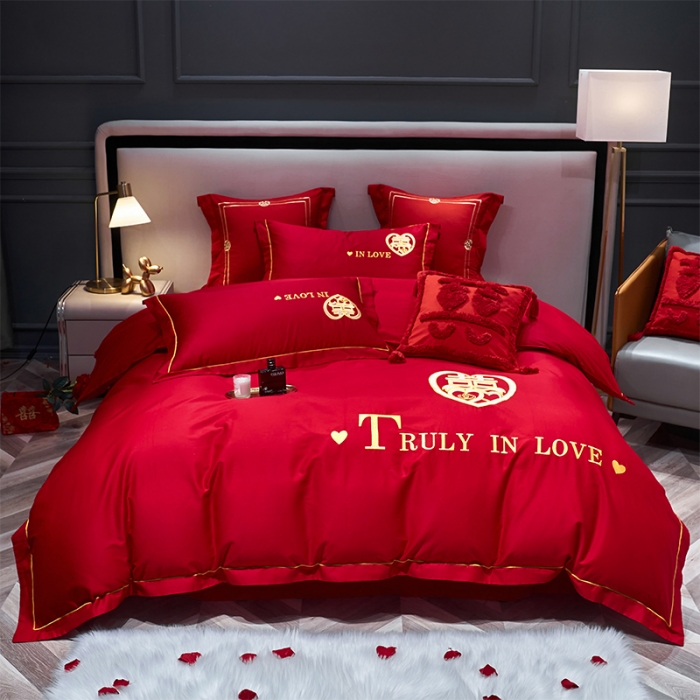 91家纺网 家纺一手货源 找家纺 用心 2022新款磨毛刺绣婚庆四件套 喜迎圆满