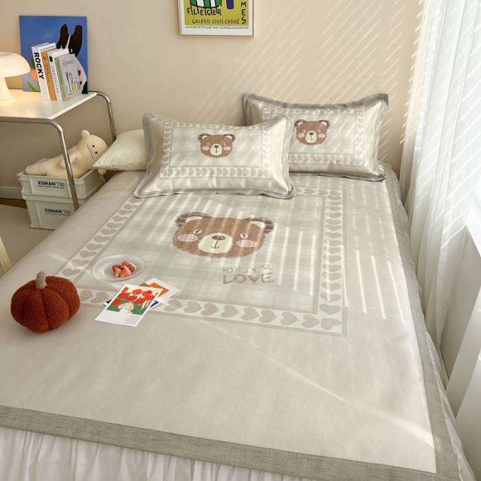 91家纺网 家纺一手货源 找家纺 时年 2022新款全工艺环保数码印花高品质水洗冰丝凉席 爱心熊