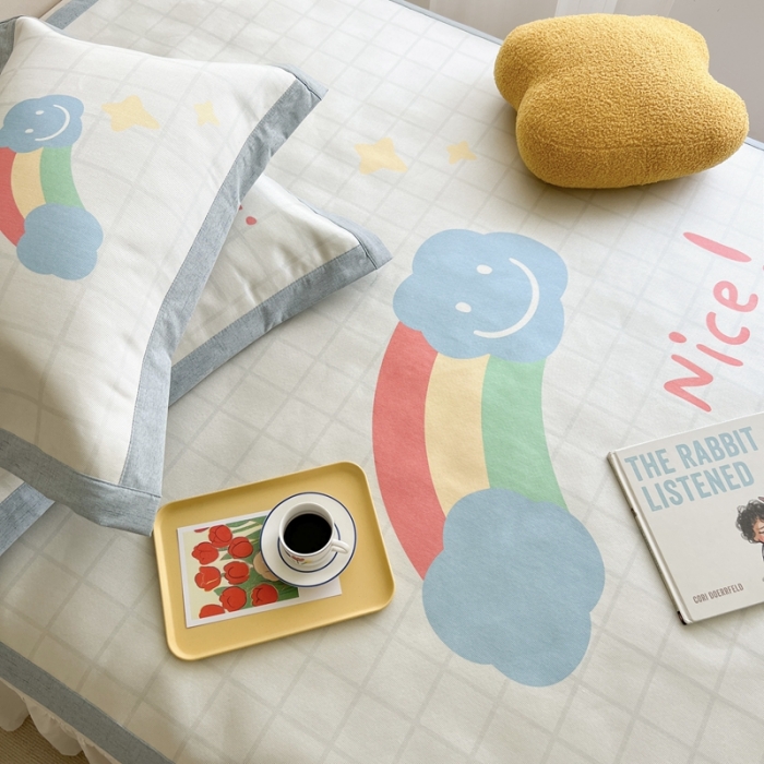 91家纺网 家纺一手货源 找家纺 时年 2022新款全工艺环保数码印花高品质水洗冰丝凉席 彩虹心情