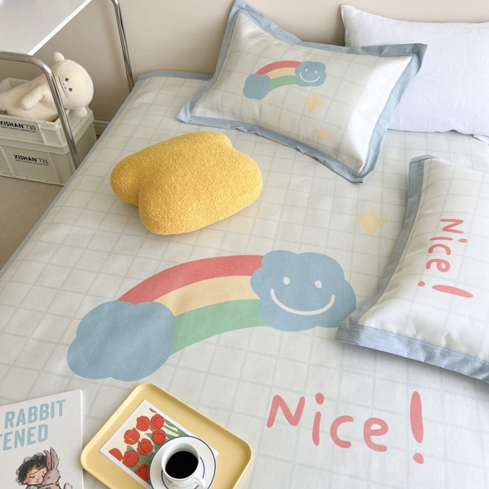 91家纺网 家纺一手货源 找家纺 时年 2022新款全工艺环保数码印花高品质水洗冰丝凉席 彩虹心情