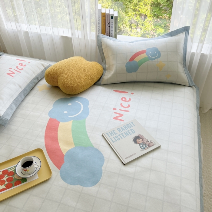 91家纺网 家纺一手货源 找家纺 时年 2022新款全工艺环保数码印花高品质水洗冰丝凉席 彩虹心情