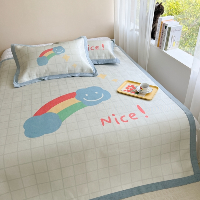 91家纺网 家纺一手货源 找家纺 时年 2022新款全工艺环保数码印花高品质水洗冰丝凉席 彩虹心情