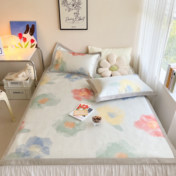 91家纺网 家纺一手货源 找家纺 时年 2022新款全工艺环保数码印花高品质水洗冰丝凉席 春田花花