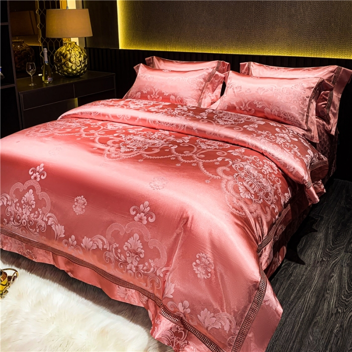 91家纺网 家纺一手货源 找家纺 OL家纺 升级版漏空丝加棉欧式大提花全棉家居床盖夹棉四件套 圣菲尔德-豆沙