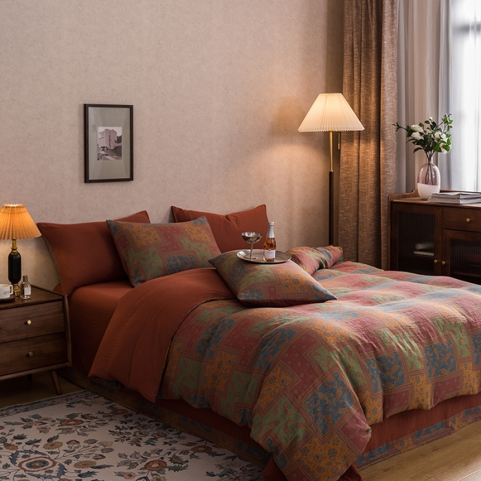 91家纺网 家纺一手货源 找家纺 黛馨 2023新款复古双层纱四件套 晨园幽香