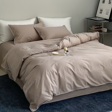 91家纺网 家纺一手货源 找家纺 纯棉水洗棉四件套全棉纯色滚边轻奢纯白套件藏青酒店风民宿