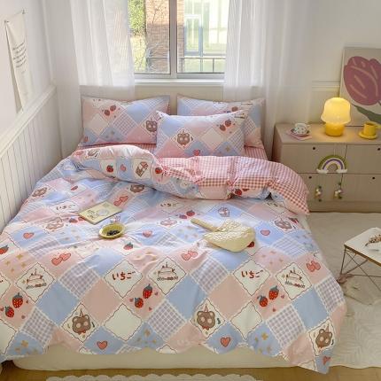 桃子家居 2022新款ins小清新奶油卡通纯棉系列四件套 格子小熊小兔