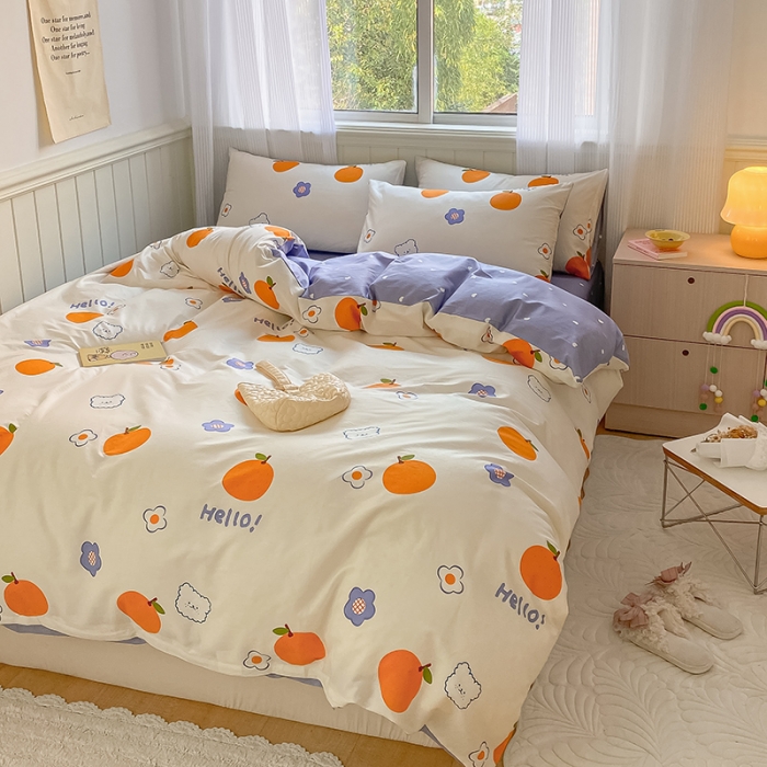 91家纺网 家纺一手货源 找家纺 桃子家居 2022新款ins小清新奶油卡通纯棉系列四件套 桔子熊