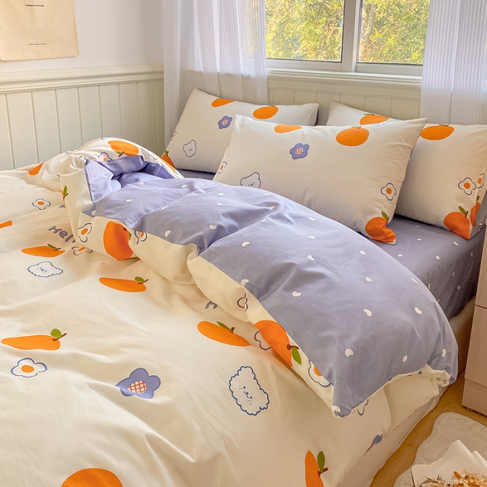 91家纺网 家纺一手货源 找家纺 桃子家居 2022新款ins小清新奶油卡通纯棉系列四件套 桔子熊