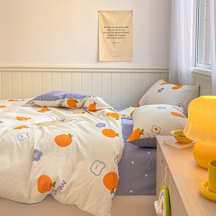 91家纺网 家纺一手货源 找家纺 桃子家居 2022新款ins小清新奶油卡通纯棉系列四件套 桔子熊
