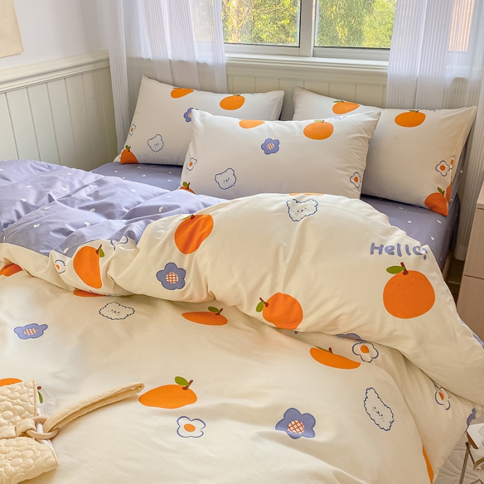 91家纺网 家纺一手货源 找家纺 桃子家居 2022新款ins小清新奶油卡通纯棉系列四件套 桔子熊