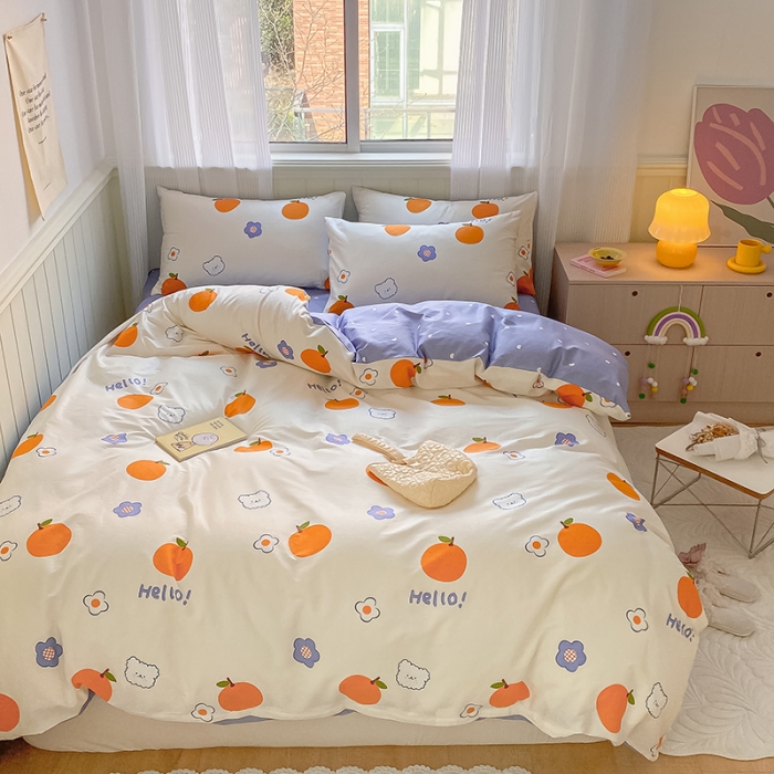 91家纺网 家纺一手货源 找家纺 桃子家居 2022新款ins小清新奶油卡通纯棉系列四件套 桔子熊