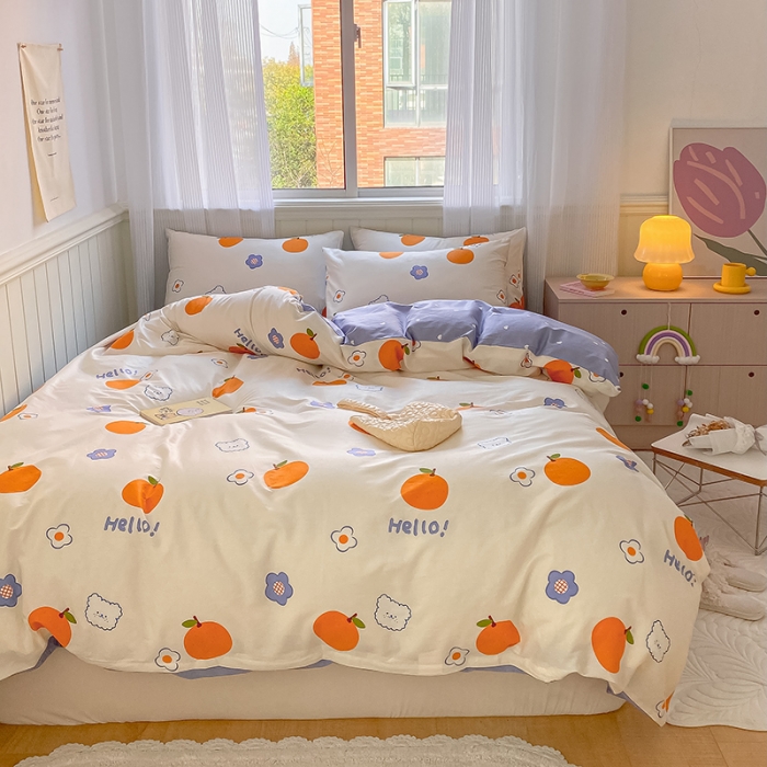 91家纺网 家纺一手货源 找家纺 桃子家居 2022新款ins小清新奶油卡通纯棉系列四件套 桔子熊