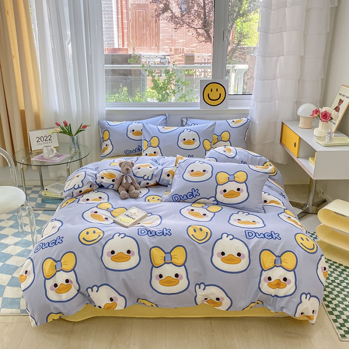 91家纺网 家纺一手货源 找家纺 桃子家居 2022新款ins小清新奶油卡通纯棉系列四件套 可爱鸭