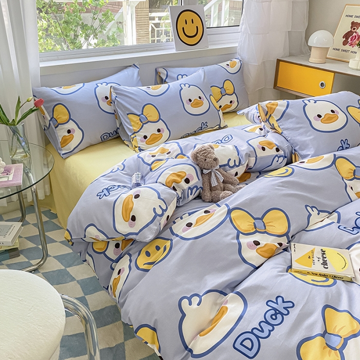 91家纺网 家纺一手货源 找家纺 桃子家居 2022新款ins小清新奶油卡通纯棉系列四件套 可爱鸭