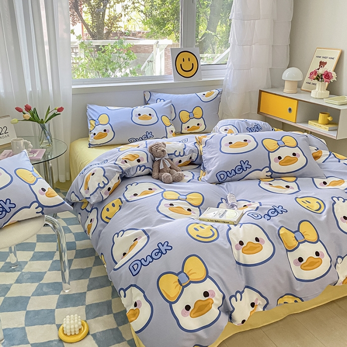 91家纺网 家纺一手货源 找家纺 桃子家居 2022新款ins小清新奶油卡通纯棉系列四件套 可爱鸭