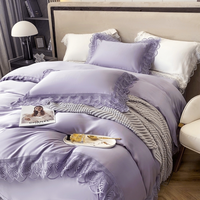 91家纺网 家纺一手货源 找家纺 榻尚 2023LF80奥地利天丝四件套精致蕾丝花边款 悦-气质紫